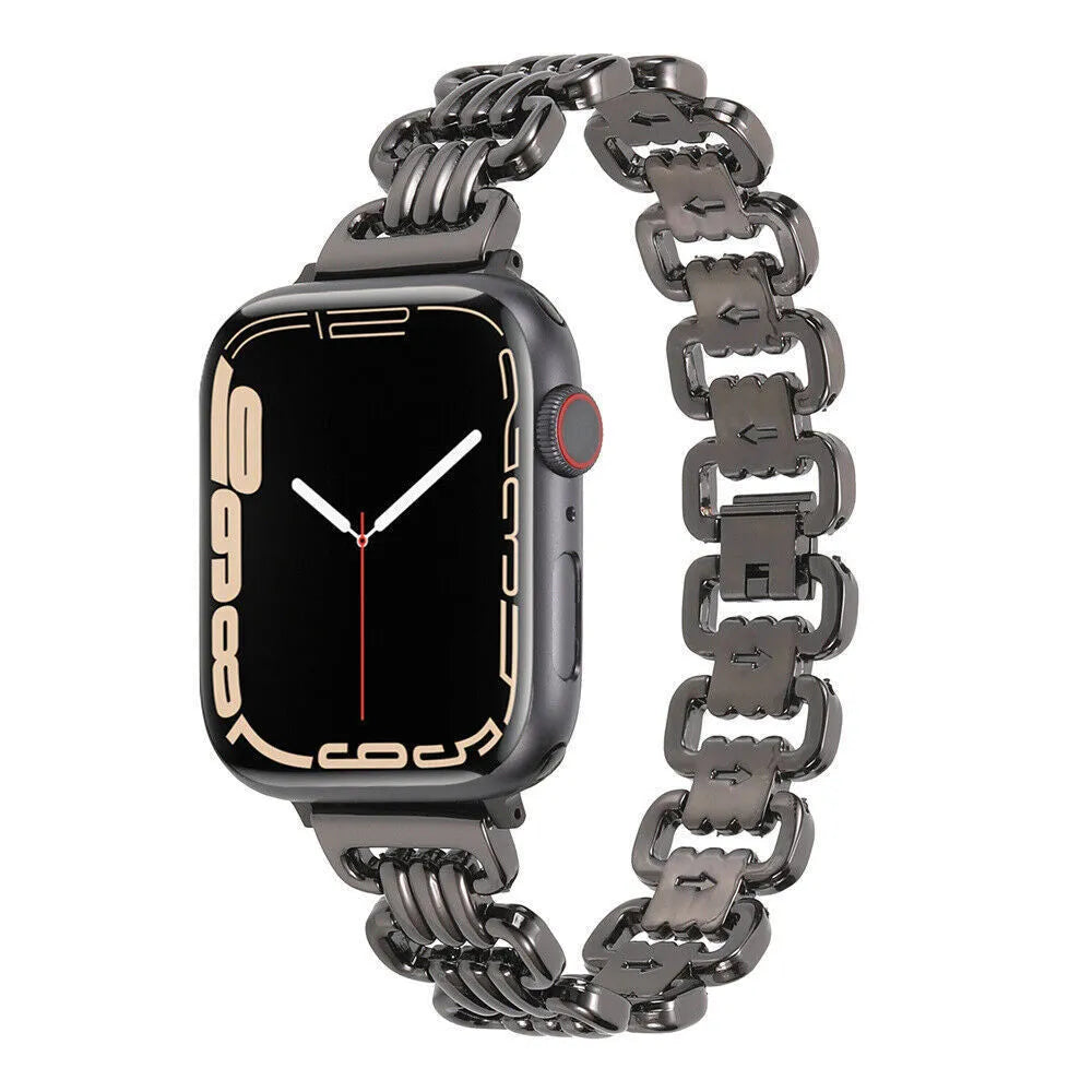 Alloy metal Apple Watch replacement bracelet in silver, black, gold, rose gold, and Starlight colours