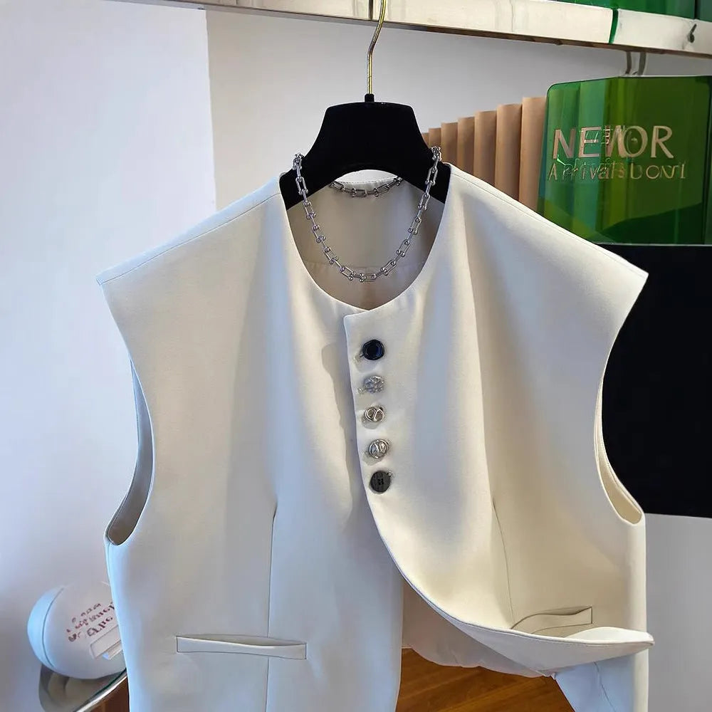 Beige loose-fitting women's waistcoat vest with a pocket, shown as a bandage dress style top.