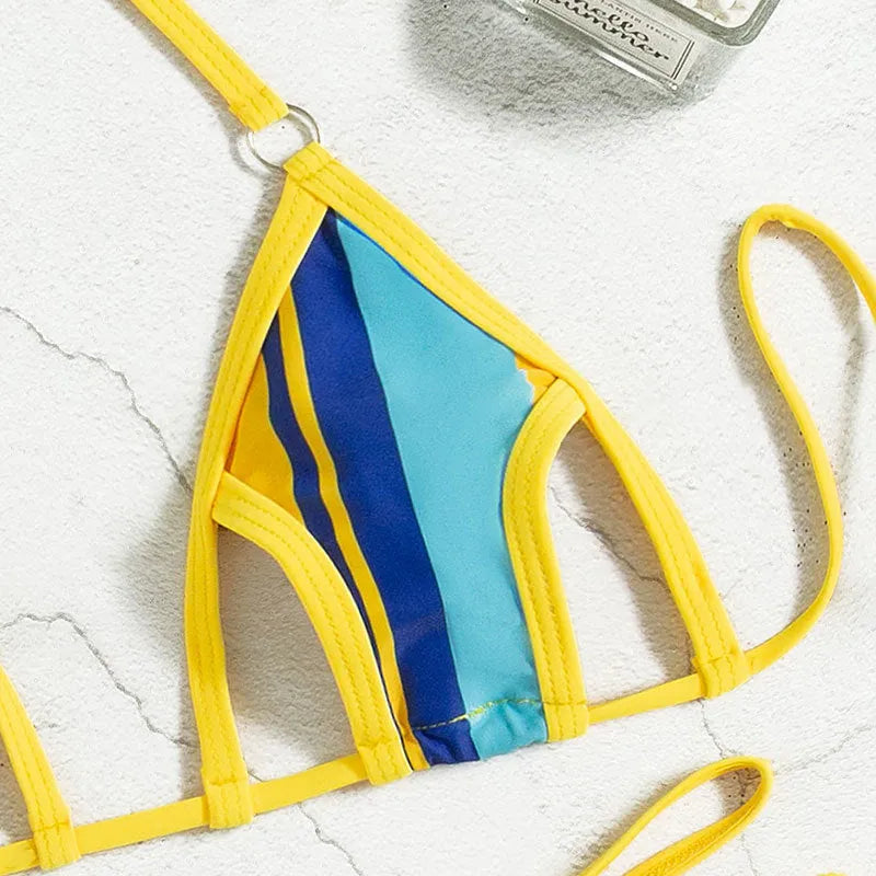 Women's split swimsuit in yellow with neck-hanging top, high-waist bottom, and backless hollow cut