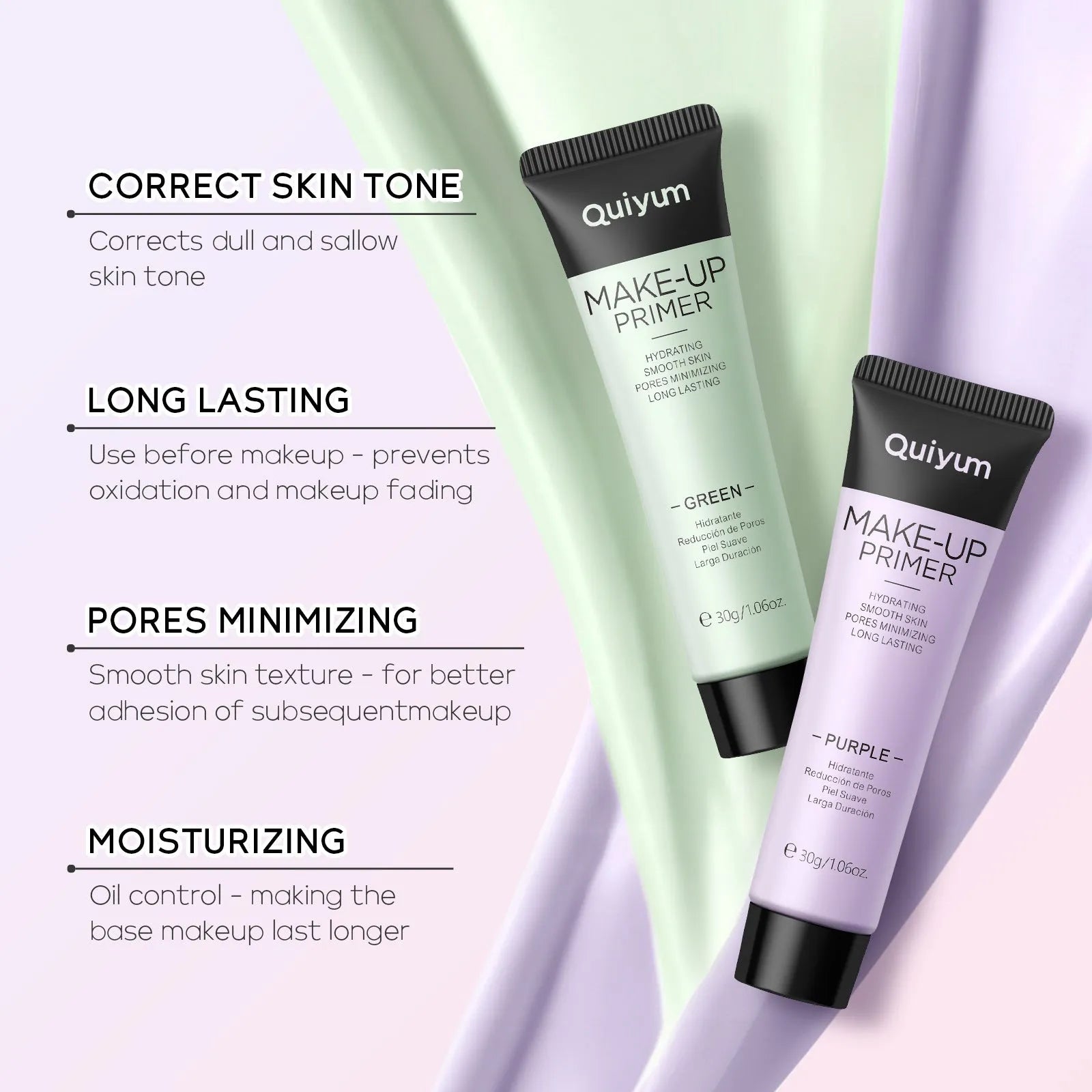 30g tube of colour-correcting makeup primer in pink, purple and green shade options