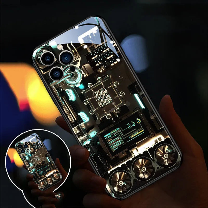 Xpress 14 tempered glass mobile phone case with yellow and green diamond grid pattern and integrated incoming light.