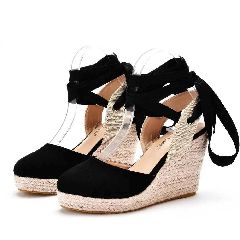 Women's apricot bohemian wedge sandals with beaded tassels, a buckle fastening, and a high wedge heel on a raised platform.