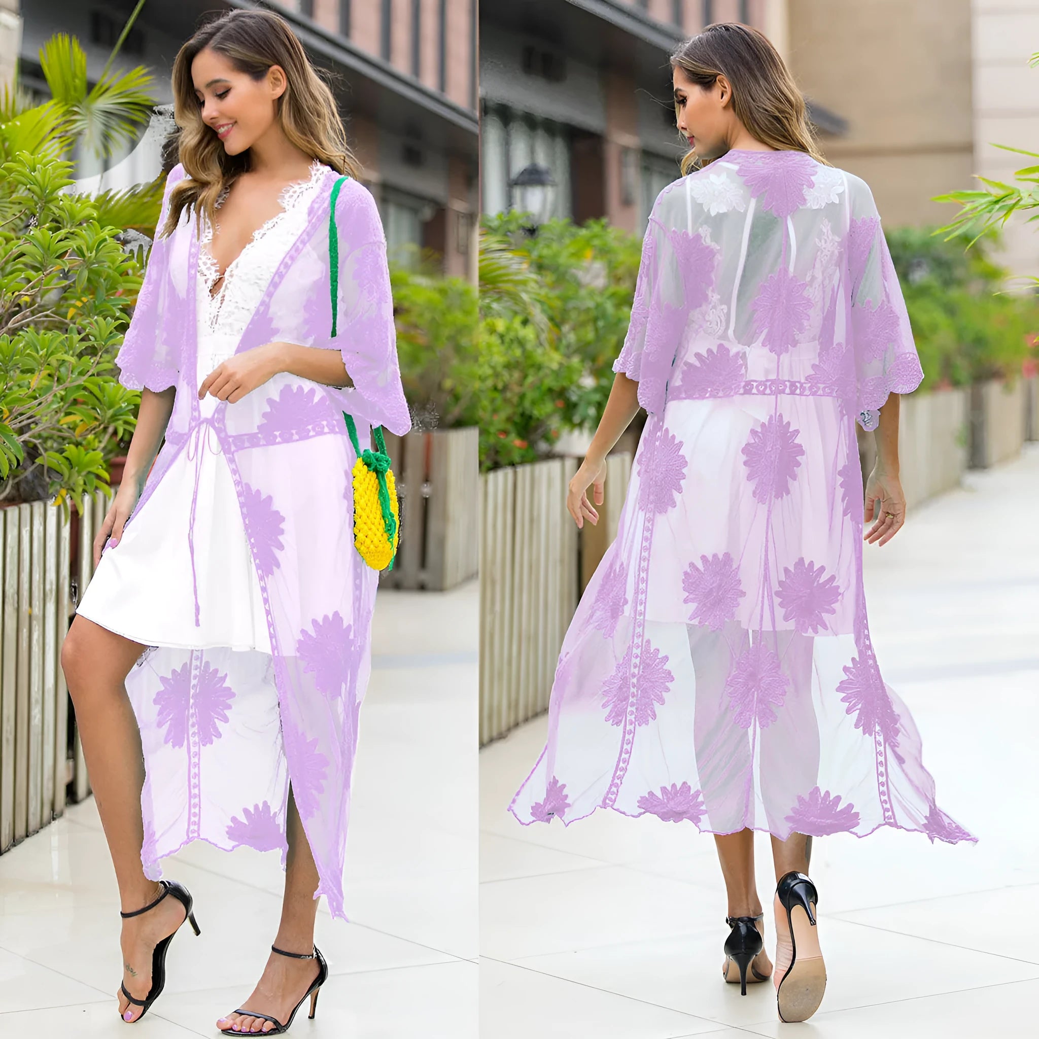 Light purple women's long lace embroidery beach cover-up dress for swimming.