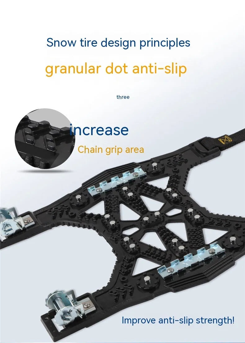 Universal nonskid chain with steel plate gear on a snowy road, black colour, with packaging on a table