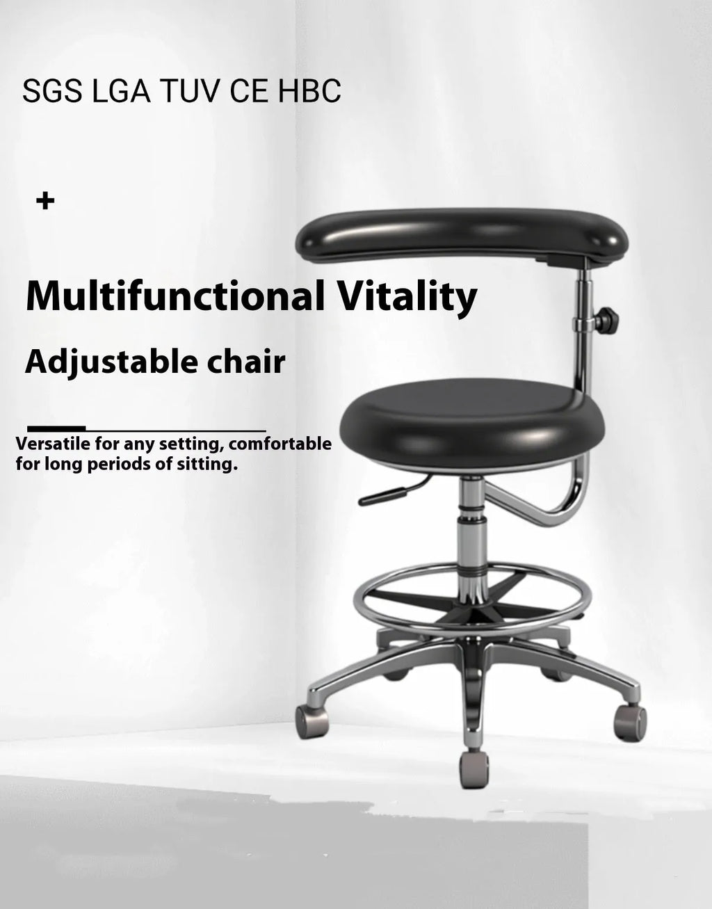 Black leather dental chair with height adjustment mechanism for clinical use