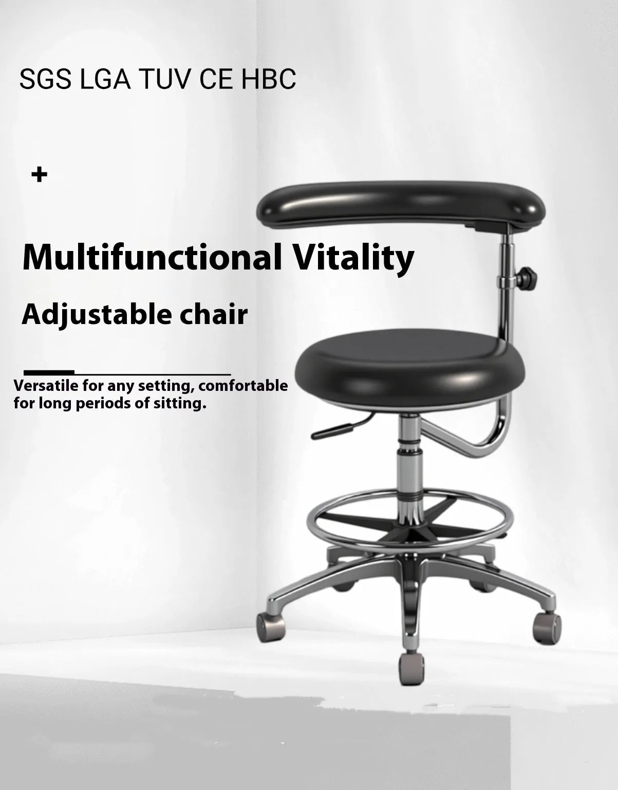 Black leather dental chair with height adjustment mechanism for clinical use