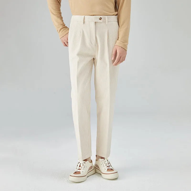 Corduroy men's straight-leg loose trousers in beige, black, and brown gray, mid waist with micro elastic waistband, sizes 28-34