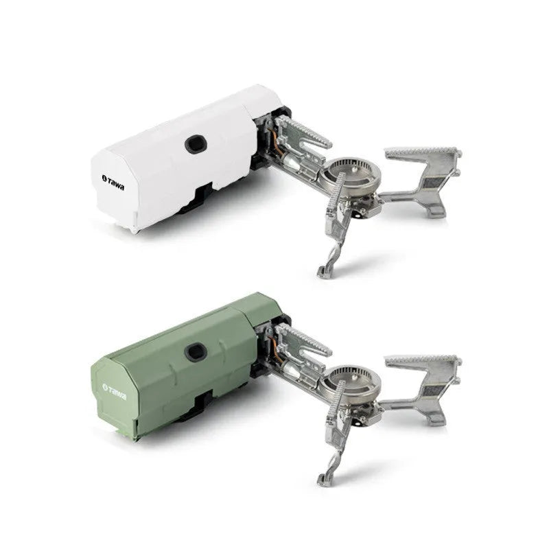 Portable folding camping gas stove with 2.6 kW burner and carry bag in green