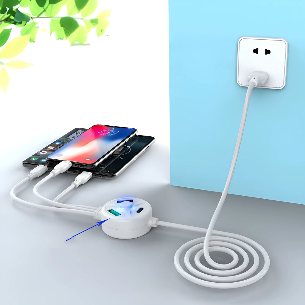PDPVC mobile phone charging cable with three connector types showing USB, Micro USB and TYPE-C interfaces