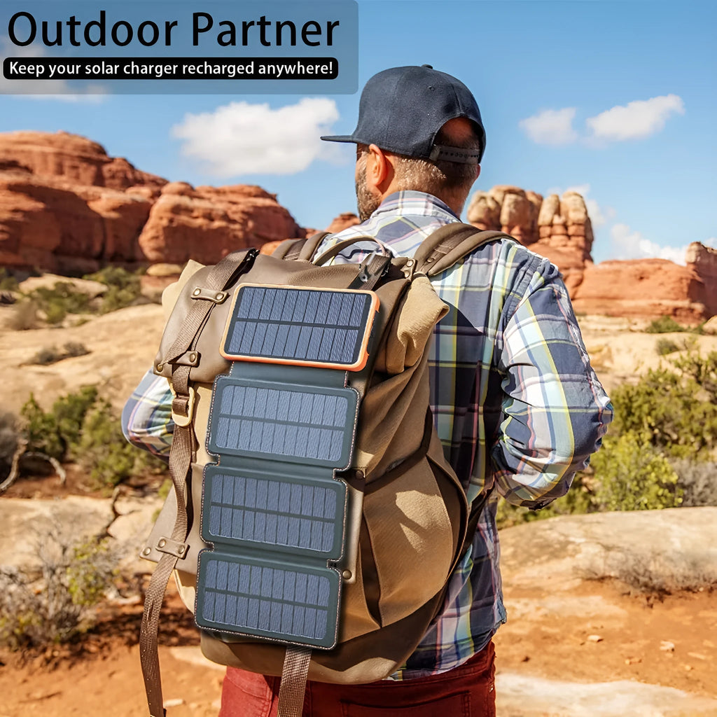 Outdoor rainproof solar phone charger with LED light and leather case in black, blue, green and orange colours