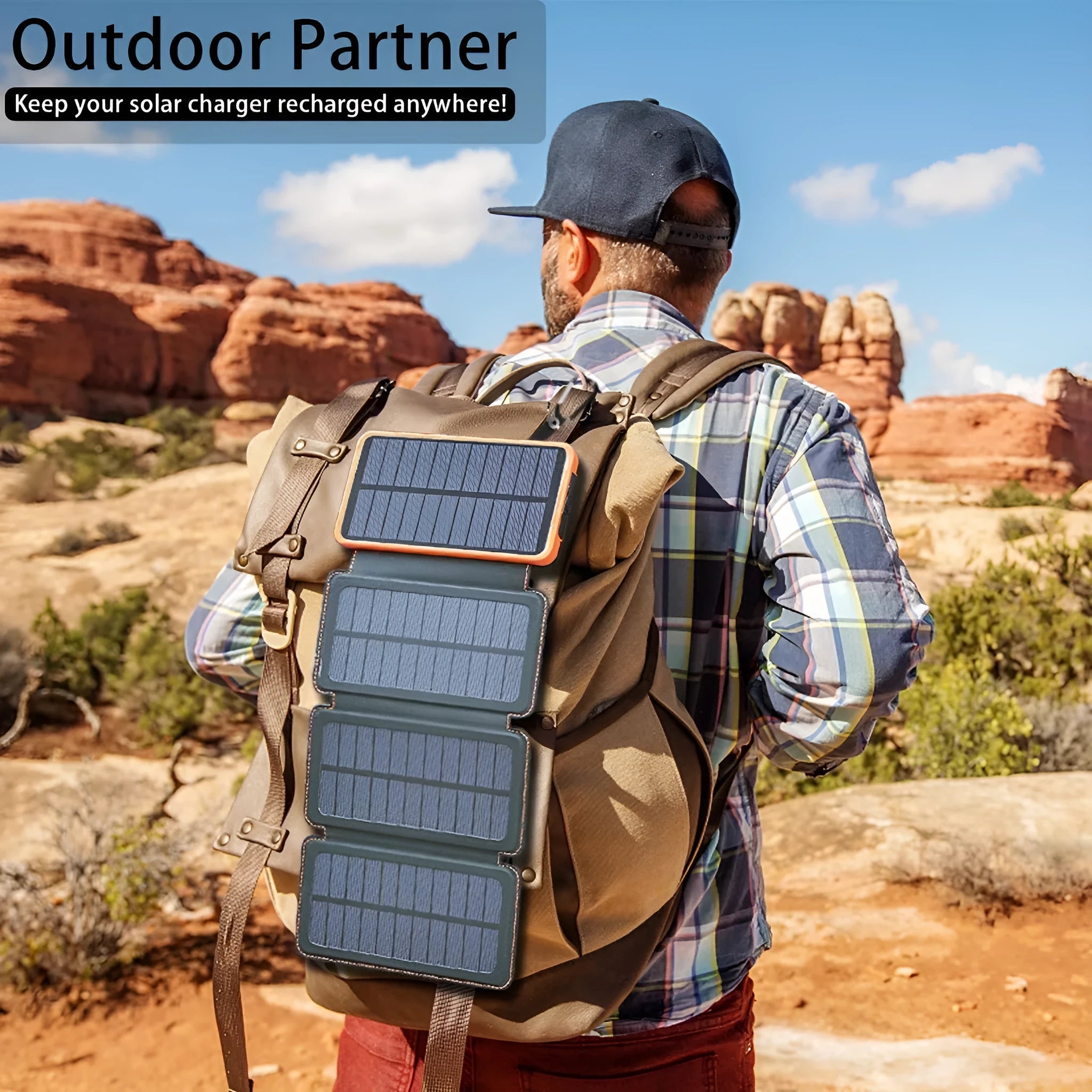 Outdoor rainproof solar phone charger with LED light and leather case in black, blue, green and orange colours