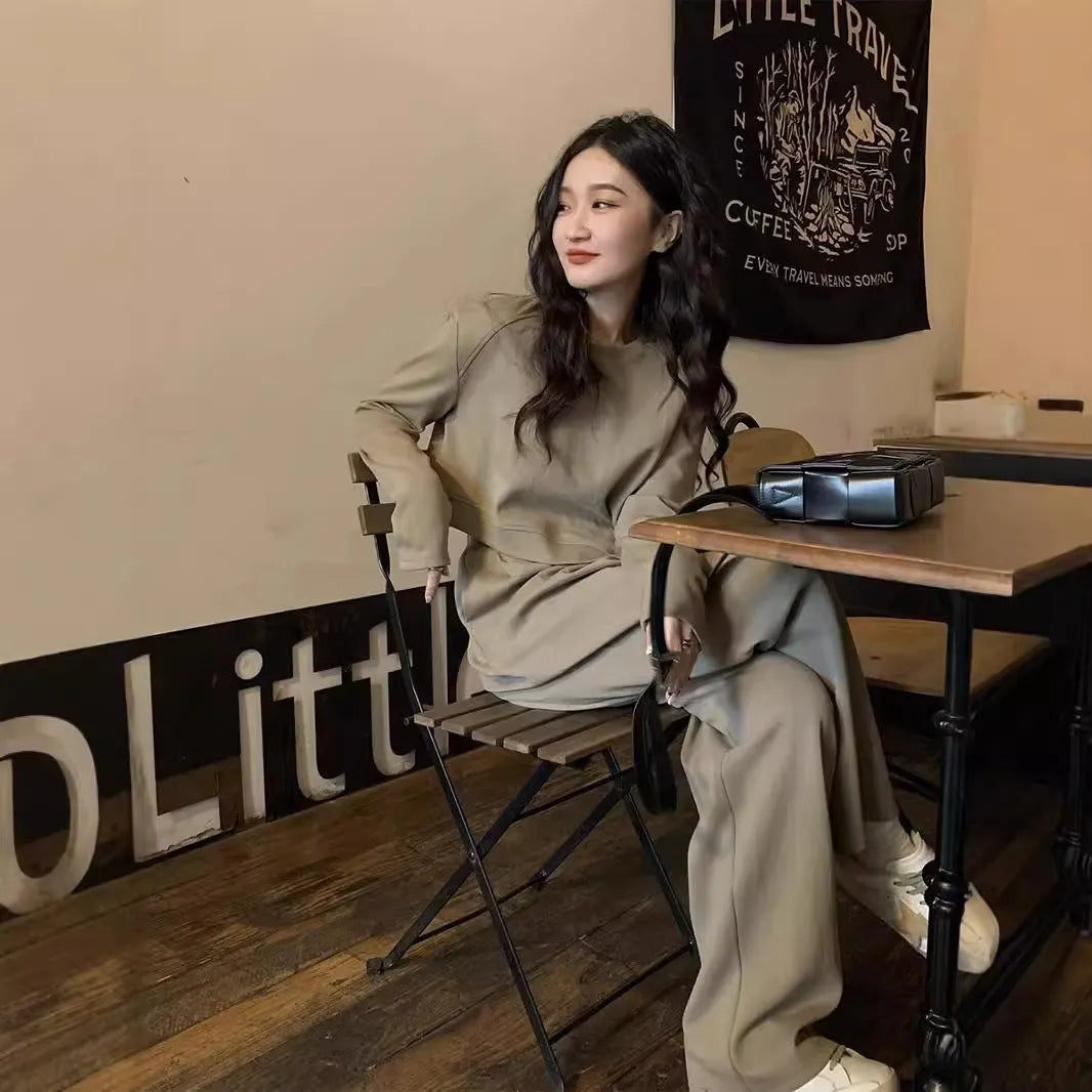 Women's brown casual sports suit with loose fit and Japanese Korean styling