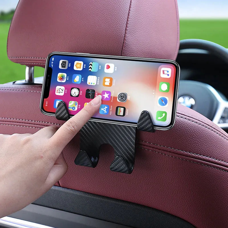 Black car multifunction hook bracket with integrated phone holder for rear seat storage