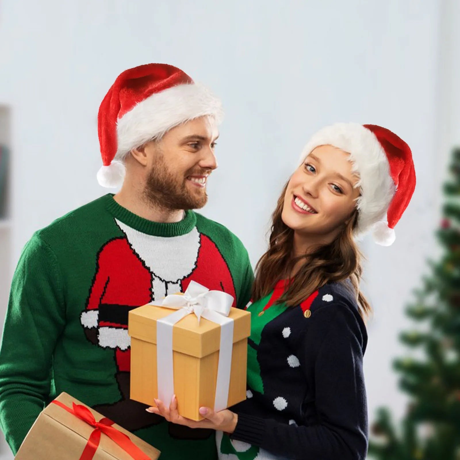 Red and white plush Santa hat with integrated twinkling LED lights and a white pom-pom.
