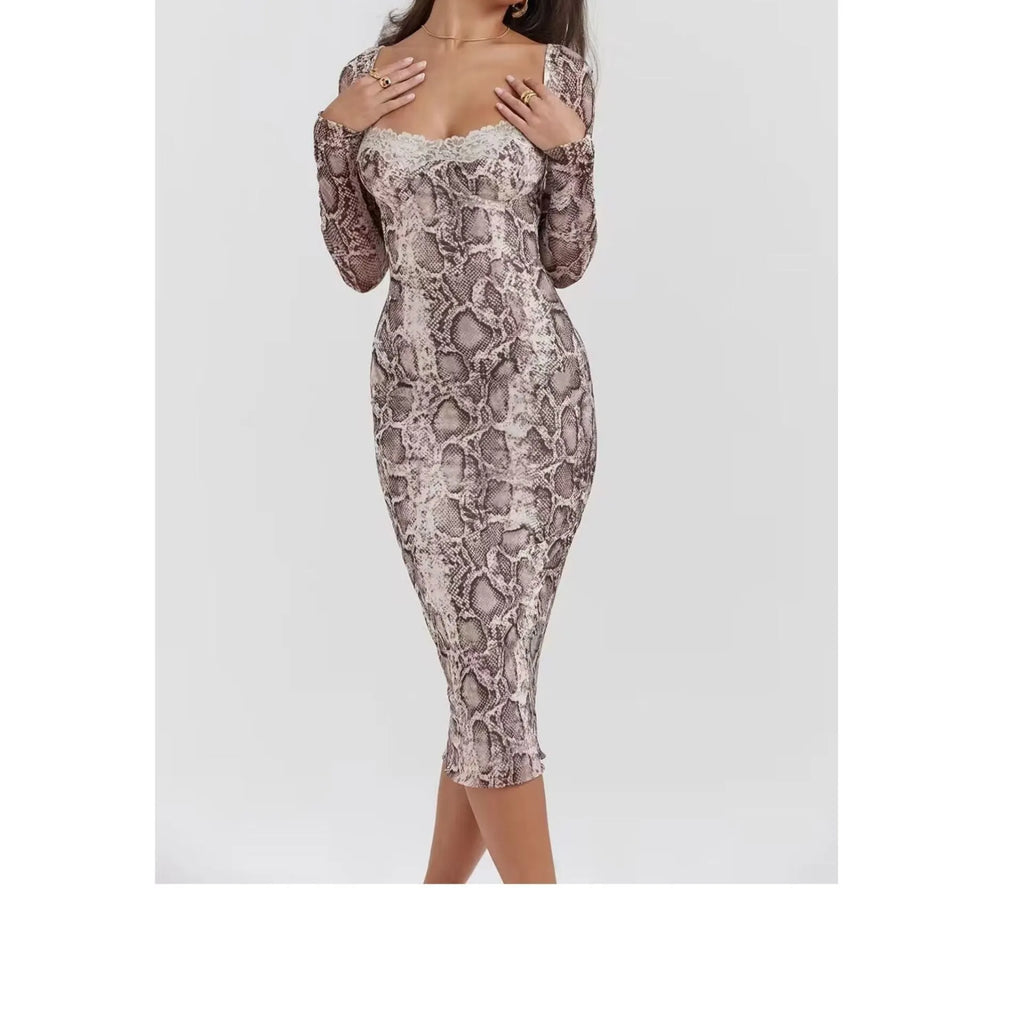 Grey slim fit lace dress with digital 3D printed pattern and A-line skirt silhouette