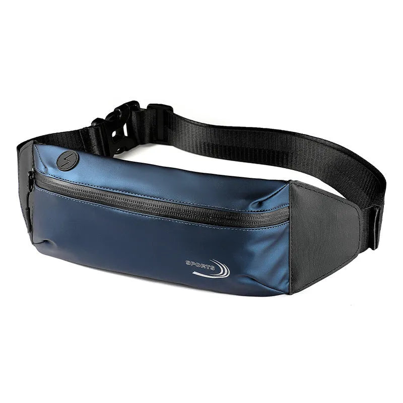 Men's blue waterproof sports waist bag made from Derm Oxford polyester, shown with adjustable strap.