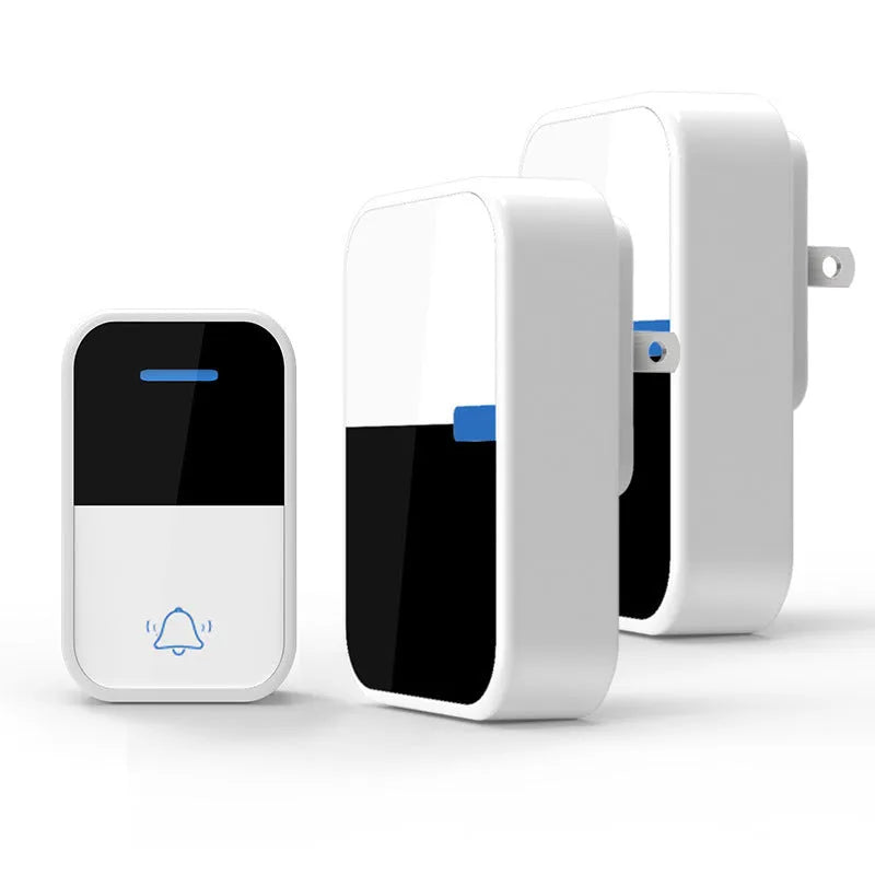 Modern white plastic wireless doorbell unit with receiver and transmitter for 150m range.