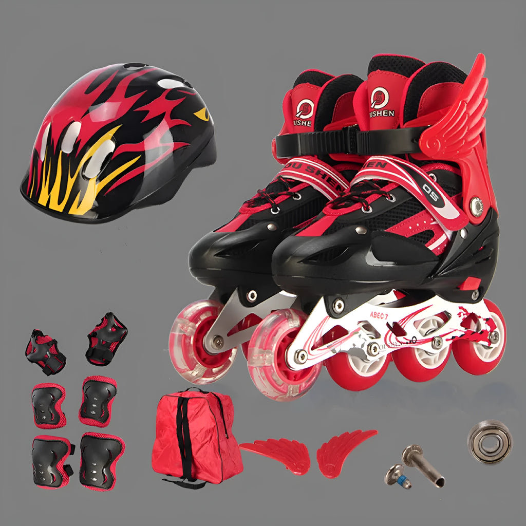 Yellow adjustable children's inline skates with aluminium frame, shown with matching helmet, protective gear, and backpack.