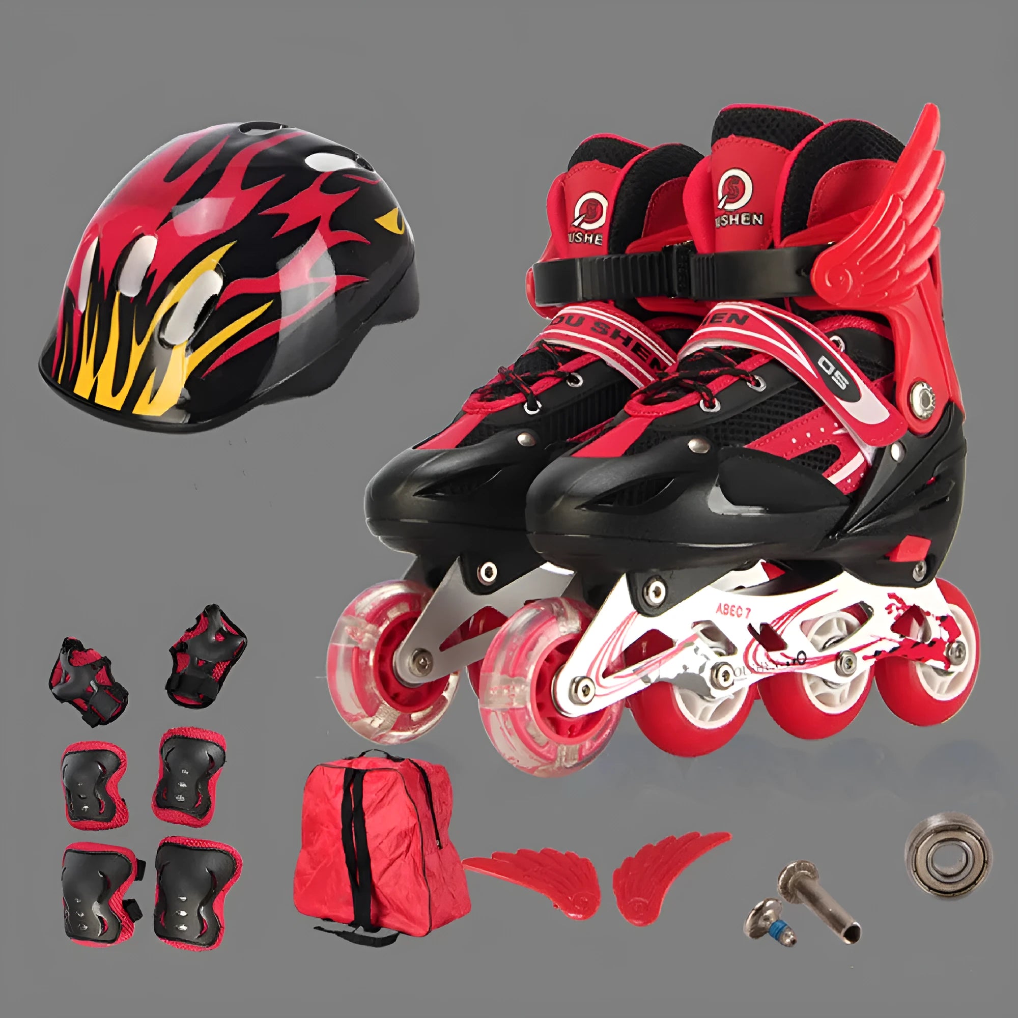 Yellow adjustable children's inline skates with aluminium frame, shown with matching helmet, protective gear, and backpack.