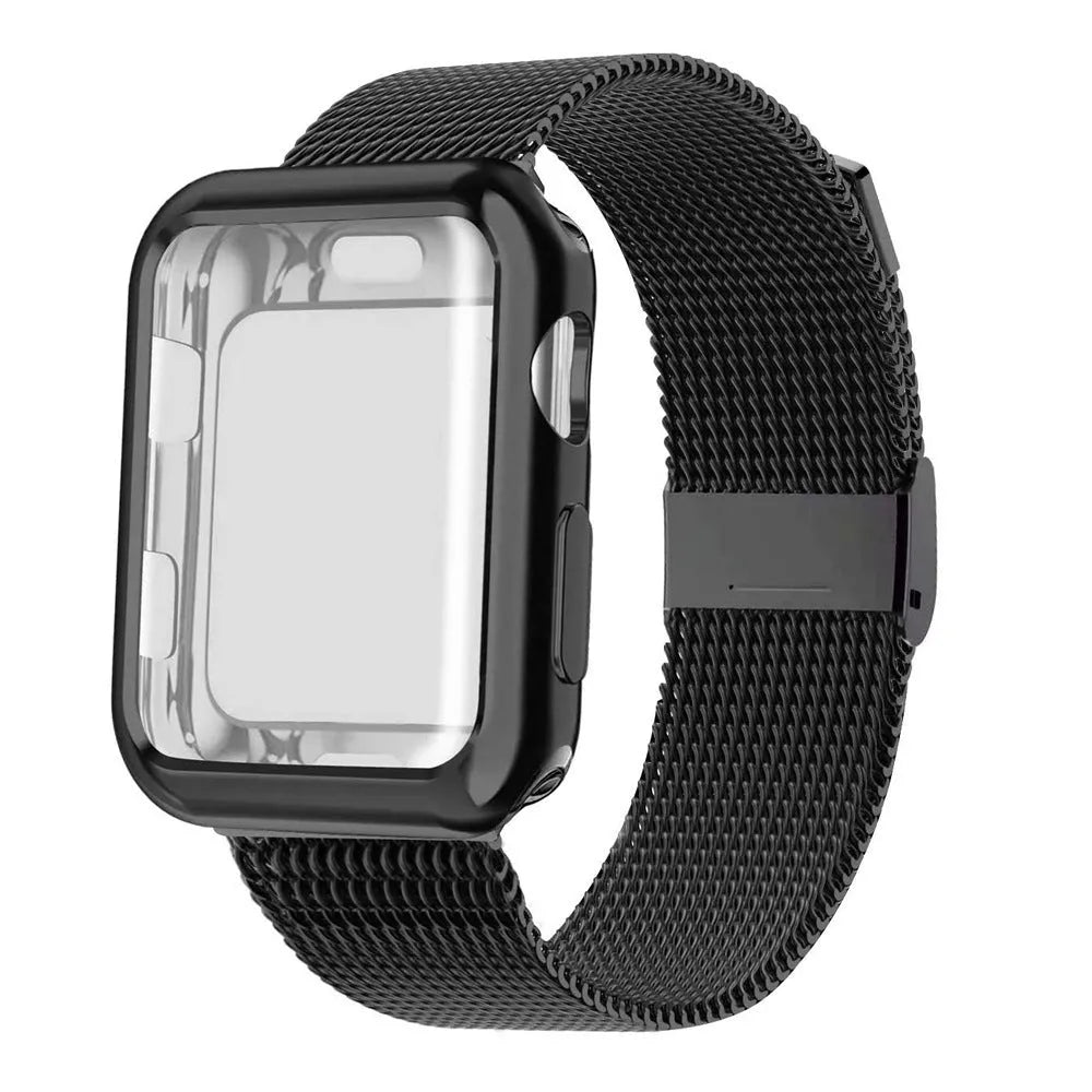 Magnetic Milanese loop metal strap for Apple Watch on a wrist, showing adjustable magnetic closure.