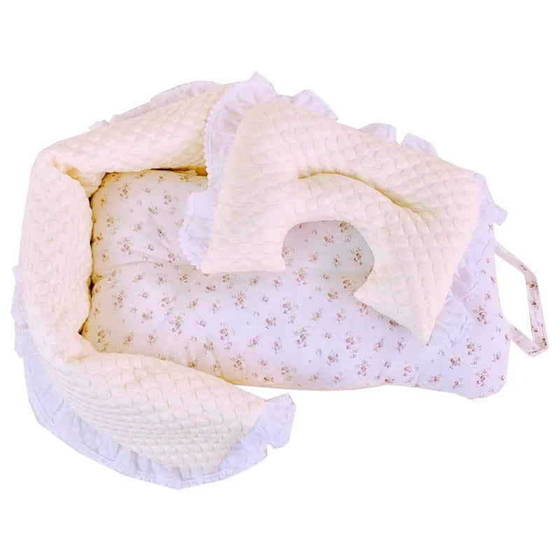 Pure cotton pet stroller set showing removable towel, cushion, and pillow in a floral pattern.