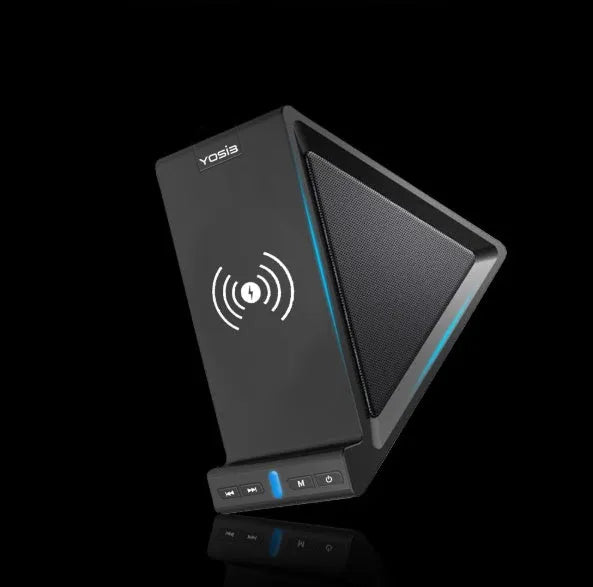 Black multifunctional Bluetooth speaker with integrated phone stand and wireless charging, 165mm width