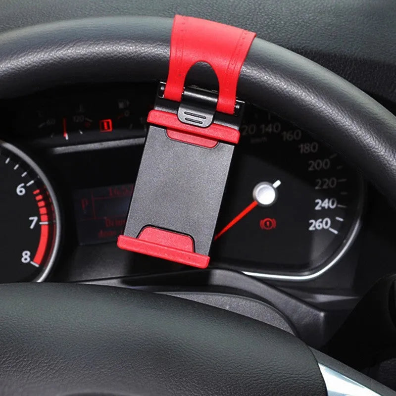Black universal car steering wheel clip mount holder with smartphone for GPS navigation