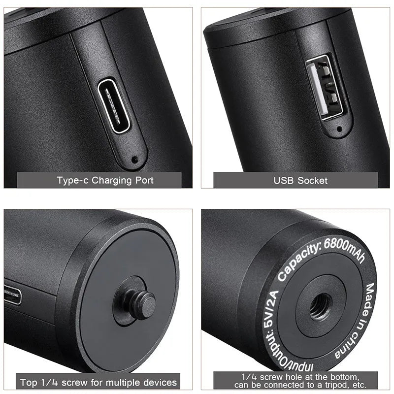 Black aluminium alloy charging treasure handle power bank measuring 12.5cm with 6800mAh capacity