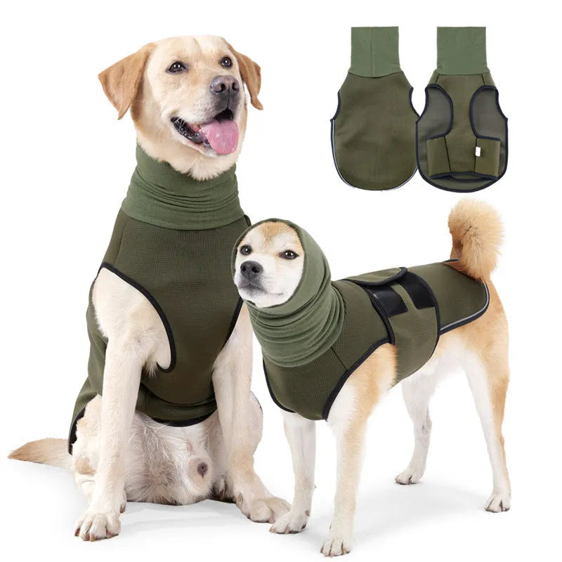 Dog wearing Army Green anti-anxiety jacket with mood-soothing design