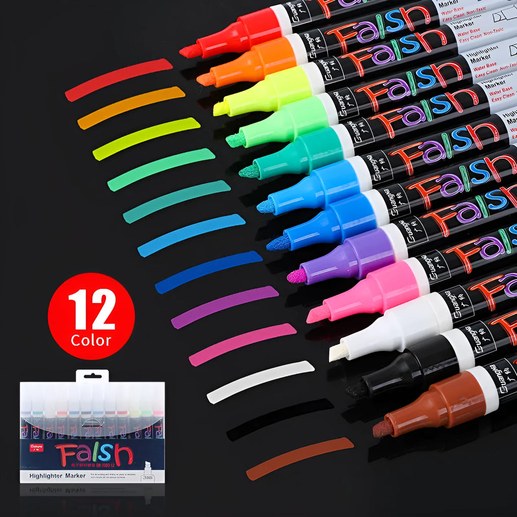 Electronic fluorescent board highlighter with 6mm oblique tip showing pressure valve mechanism and colour options