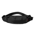 Black Oxford cloth waist pack showing front zipper and compact rectangular shape.
