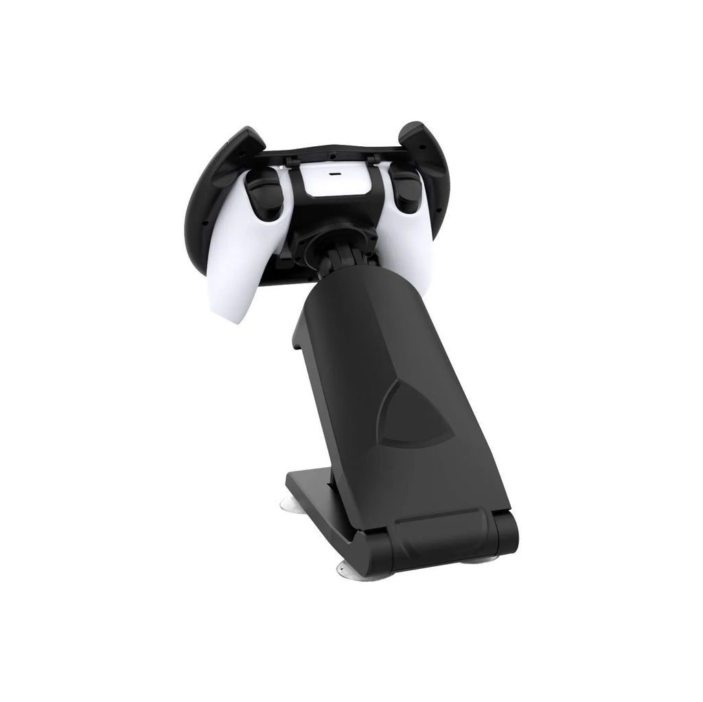 Black universal gamepad steering wheel bracket with suction cup for mounting a smartphone.
