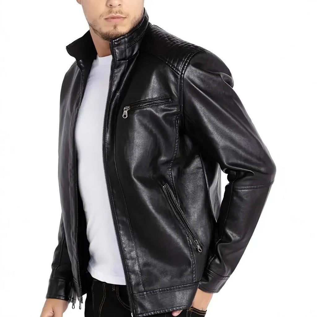 Men's brown artificial leather punk motorcycle jacket with a stand collar and straight hem.