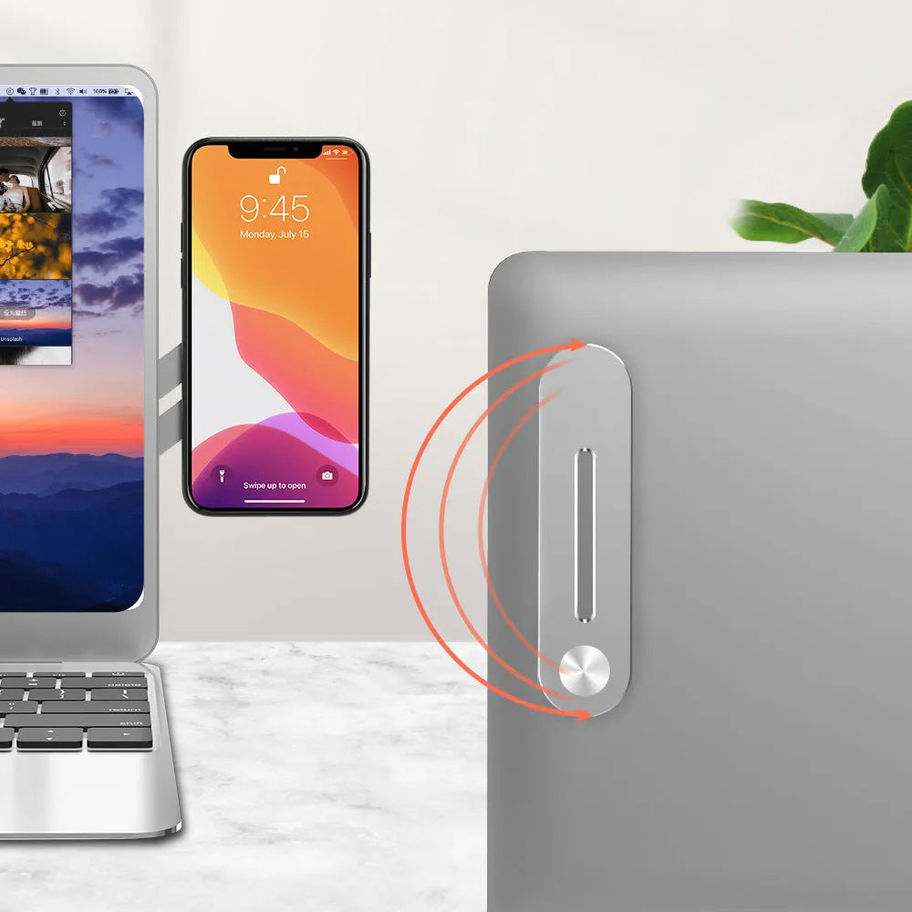 Silver aluminium alloy screen support holder for laptop side mount connecting a tablet and phone