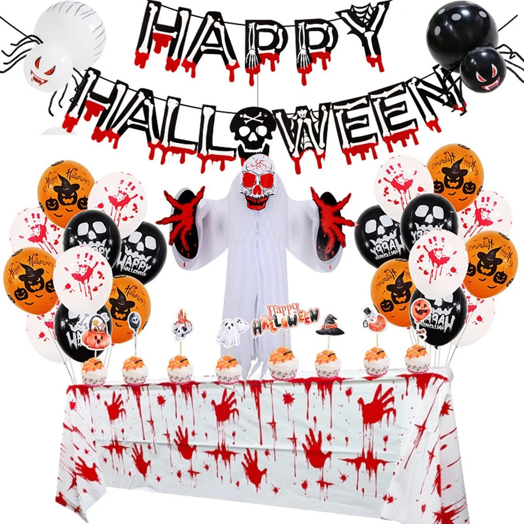 Halloween balloon combo set showing skull and pumpkin designs in white and black with spider arch arrangement