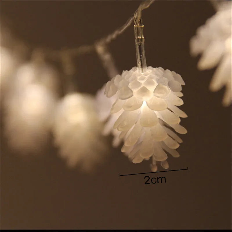 Warm white LED pine cone light string on a dark background, showing plastic shell details.