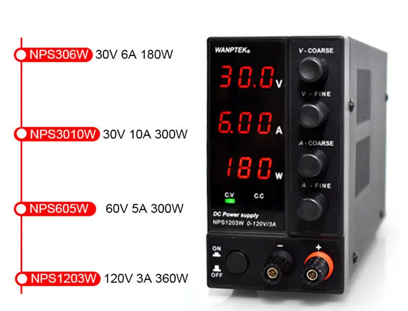 White S605W adjustable DC laboratory power supply with voltage and current controls for electronic repair.