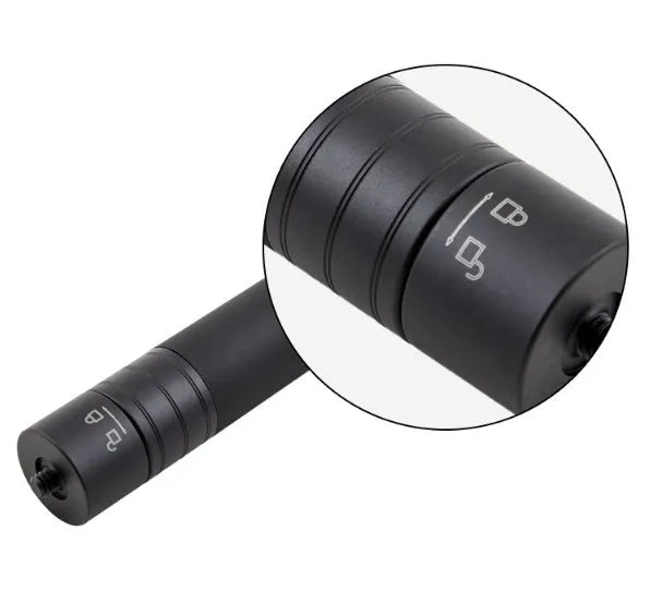 Retracted and extended views of a black aluminium selfie stick with phone holder and separate Bluetooth remote.