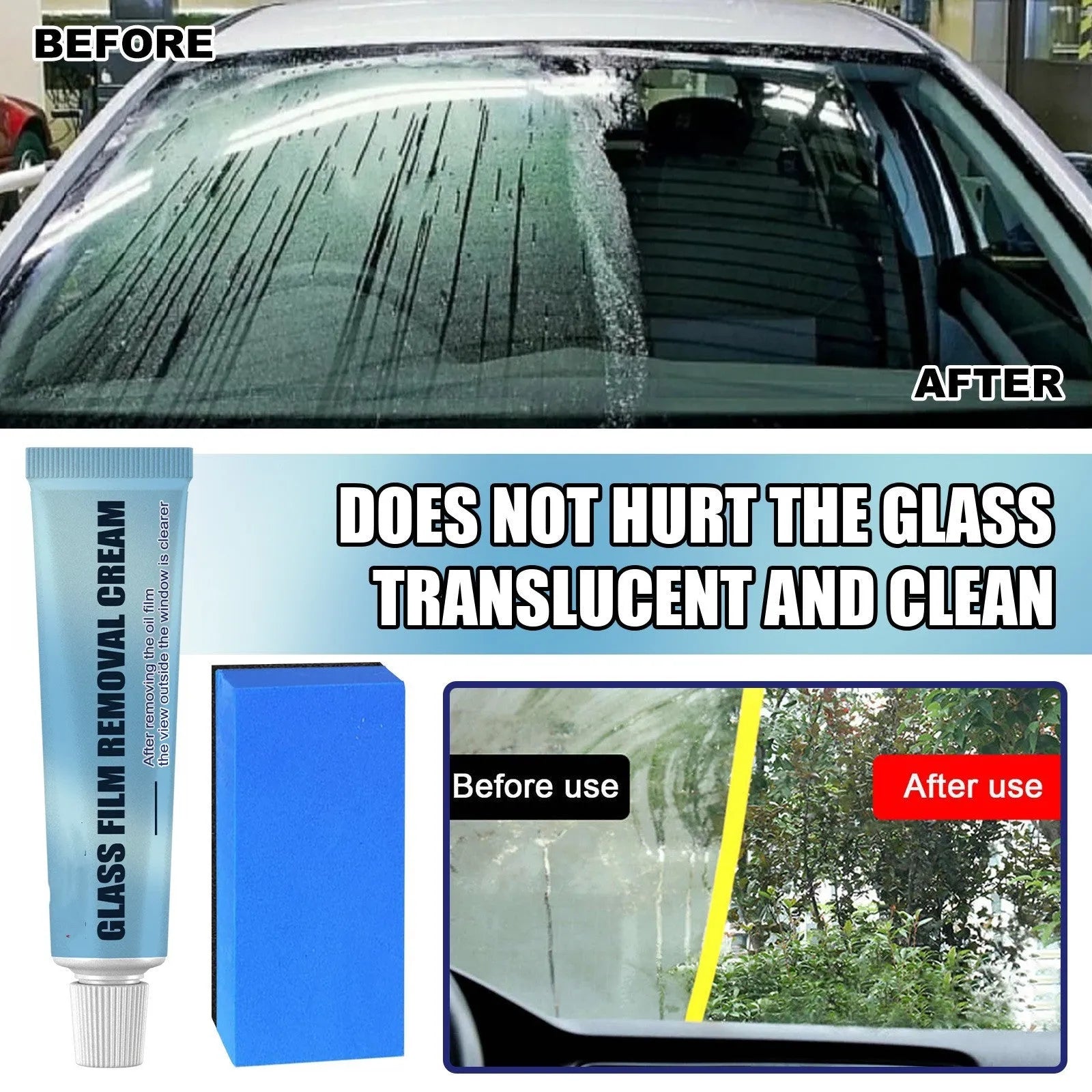 Blue car window oil film remover with soft sponge brush for glass cleaning and hydrophobic protection