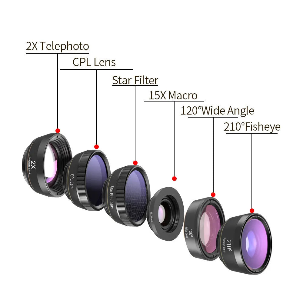 Black 6 in 1 mobile phone lens kit with fisheye, telephoto, wide-angle macro, CPL and star filters in EVA case.