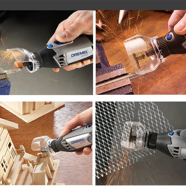Transparent plastic horn safety cover for Delta electric grinders on a workbench.