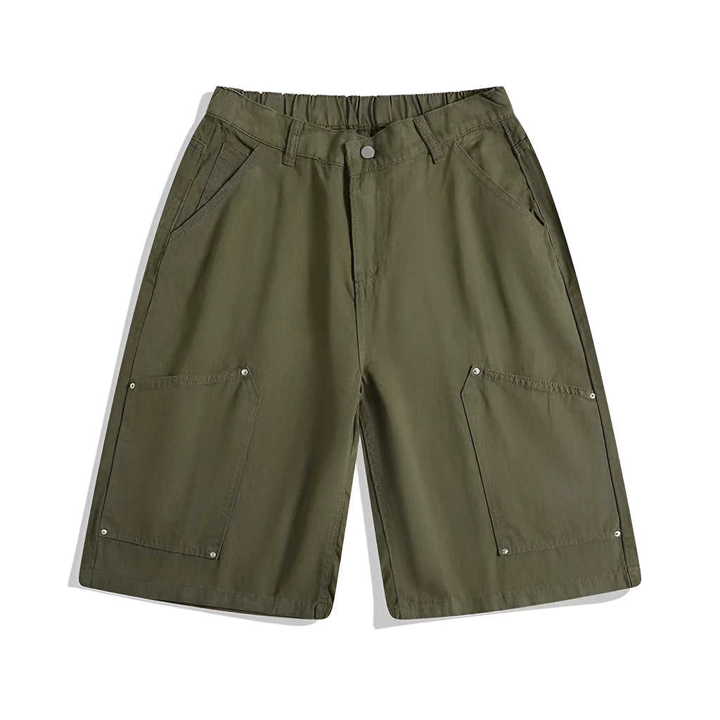 Workwear rivet cropped wide-leg shorts in apricot, red, and army green, mid waist