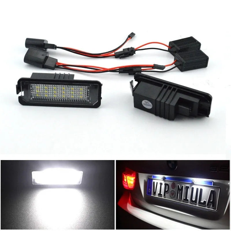 Two Volkswagen LED licence plate light units with 24 SMD LEDs, for Golf Polo Phaeton models.