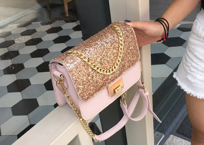 Women's small square sequined PU leather shoulder bag with lock closure, pink colour, 22x16x9cm