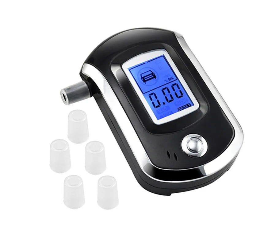 Black pen-type portable alcohol tester breathalyser with digital screen and mouthpiece.