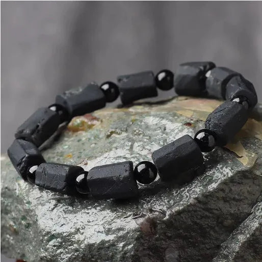 Natural black tourmaline rough stone bracelet unisex 10mm bead size about 8.5mm to 9mm