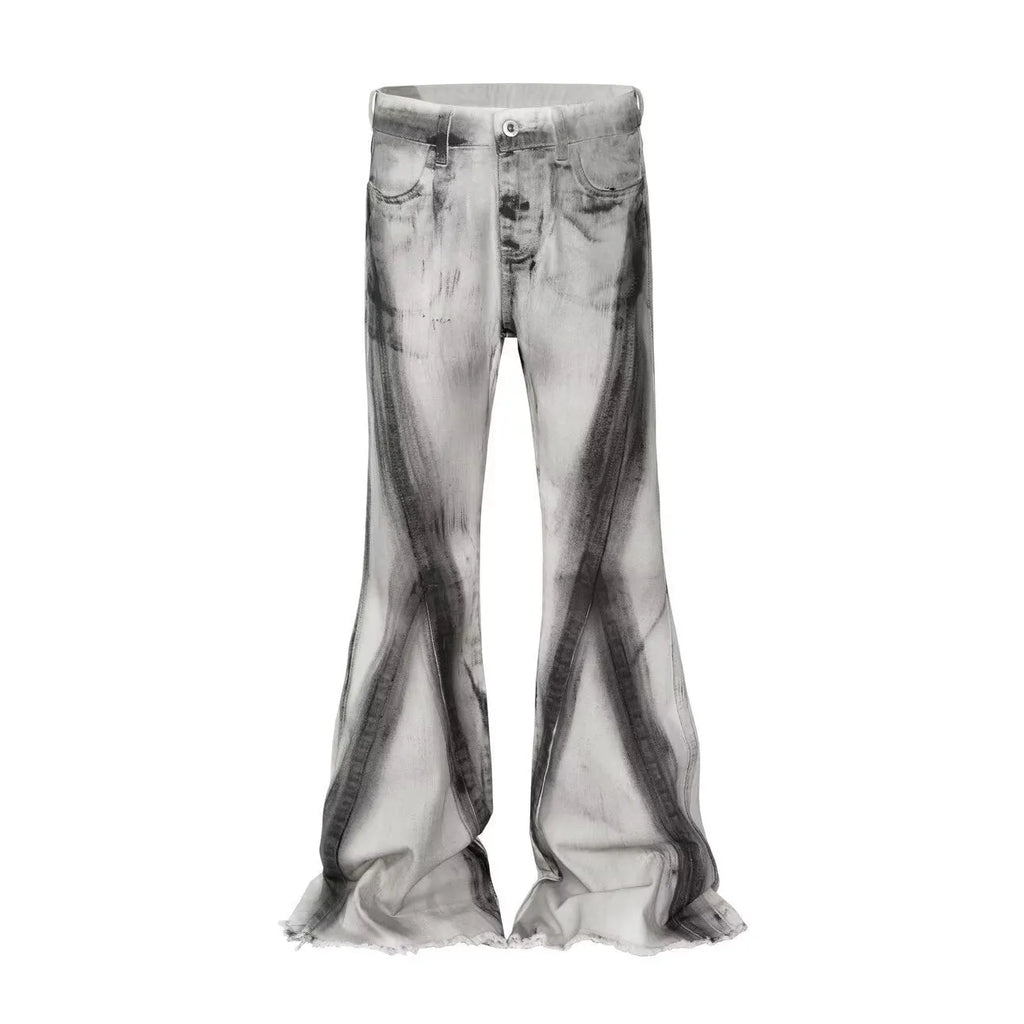 Men's white retro jeans with black gradient wash and heavy selvedge detailing on the outseam.