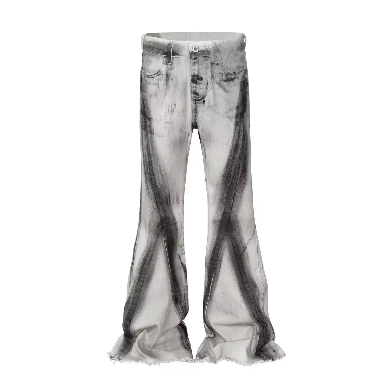 Men's white retro jeans with black gradient wash and heavy selvedge detailing on the outseam.