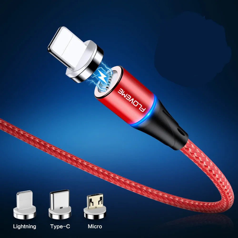 Black magnetic data cable with LED lighting showing Lightning, Micro USB, and USB-C connectors