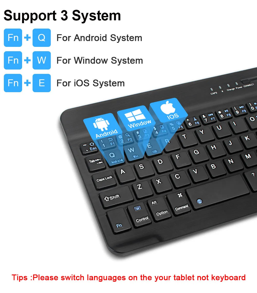 Black and white mini Bluetooth wireless keyboard shown in 10-inch, 9-inch, and 7-inch size options.